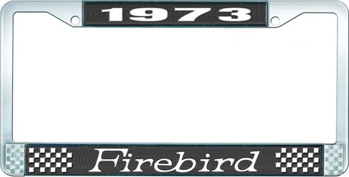 OER 1973 Firebird License Plate Frame - Black and Chrome with White Lettering LF2317301A