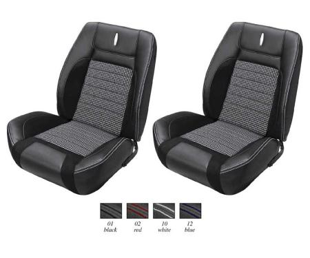 Camaro TMI Sport R Seat Set, Front Bucket & Rear Non-Folding, Black Houndstooth Upholstery with Blue Stitching, 1968