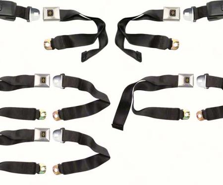 OER 1967 Camaro/Firebird, Retractable Seat Belt Set, Deluxe Interior, Gold Starburst Button, Black Belts *R193