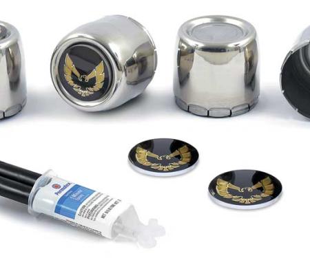 1977-81 Firebird, Trans Am, Snowflake Wheel Center Cap & Emblem Kit, with Gold Bird, Stainless Steel, 4 Piece Set