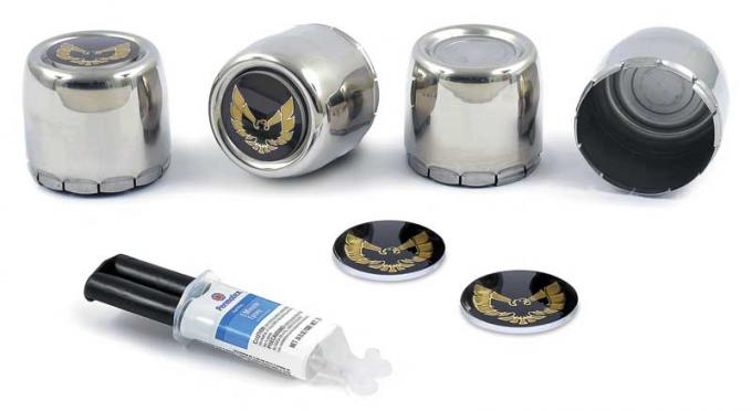 1977-81 Firebird, Trans Am, Snowflake Wheel Center Cap & Emblem Kit, with Gold Bird, Stainless Steel, 4 Piece Set