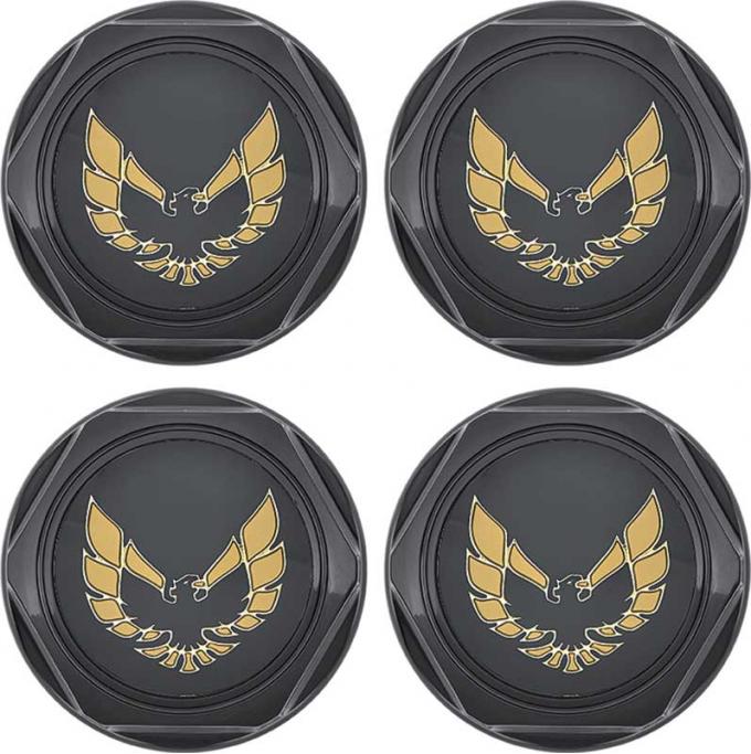 1977-81 Firebird - Wheel Center Cap Set - Gloss Black with Gold Bird Emblem w/o Metal Clips (4 pc)