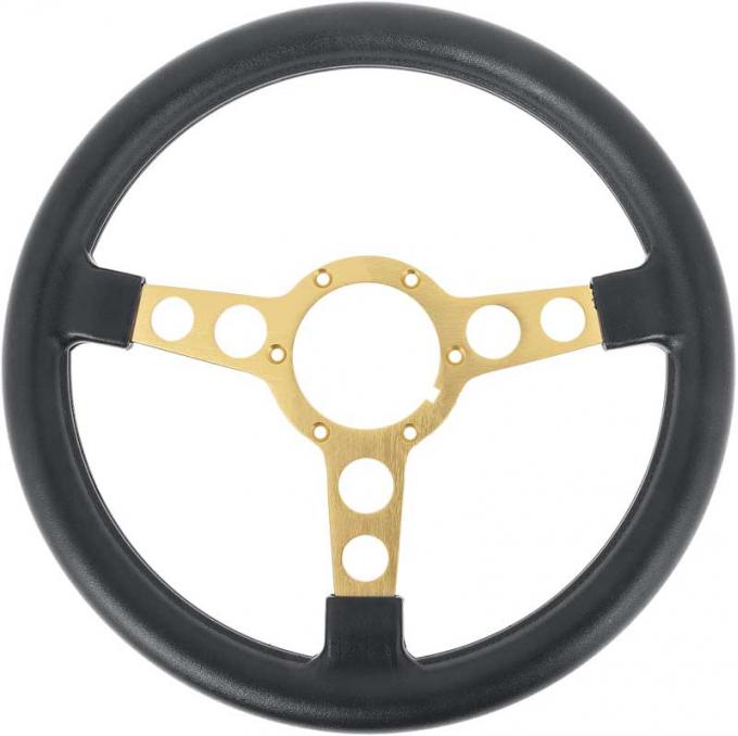 OER 1969-76 Firebird, GTO, Lemans, Tempest, Formula Steering Wheel, 3-7/8" Black Molded Grips, Gold Anodized Spokes A8100316