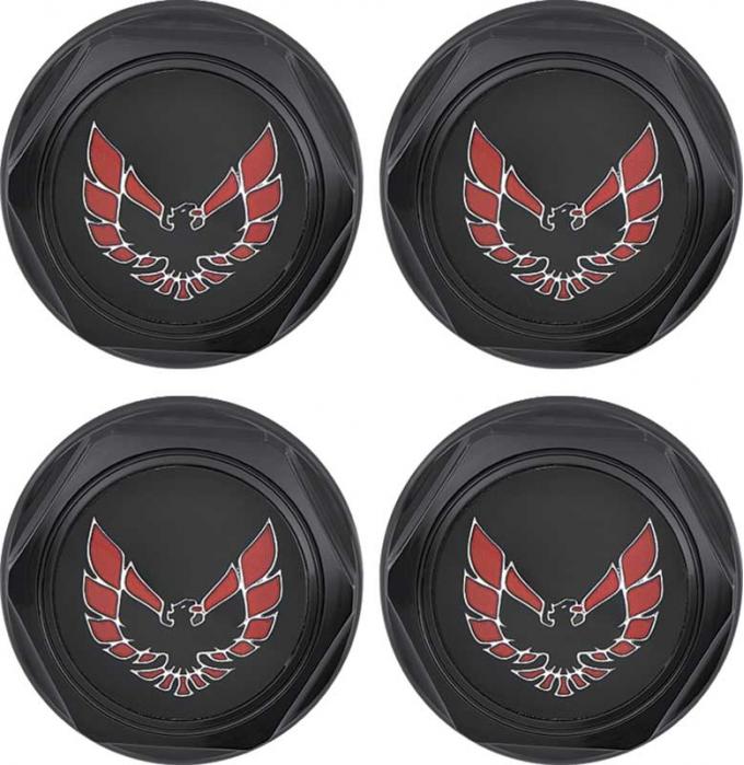1977-81 Firebird, Wheel Center Cap Set, Flat Black, Red Bird Logo, with Metal Retaining Clips, 4 Piece Set
