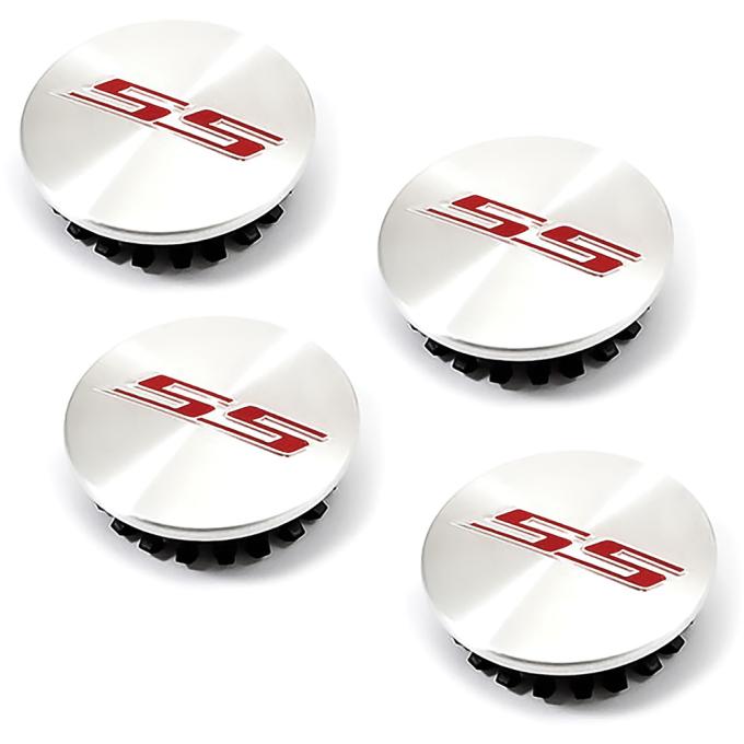 2016-24 Camaro SS, Wheel Center Cap Set, 68mm 2-5/8" Diameter, Casting # 9595010, Silver Cap with Red SS Logo, 4 Piece Set