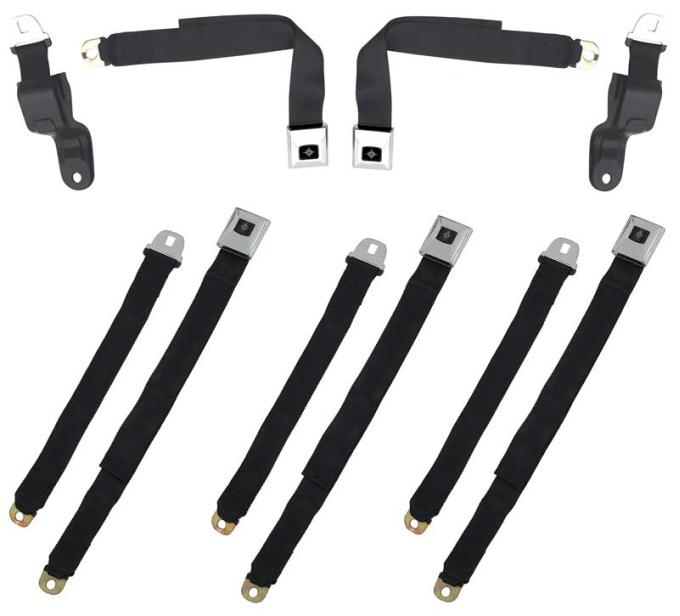 OER 1968-69 Camaro / Firebird, Retractable Seat Belt Set, Deluxe Interior, Black with Chrome Latches, 5-Piece Set *R195