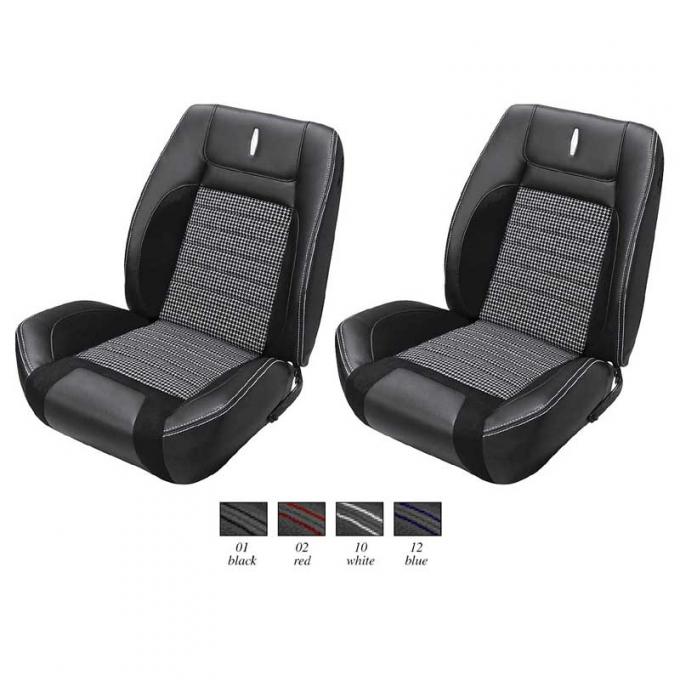 Camaro TMI Sport R Seat Set, Front Bucket & Rear Non-Folding, Black Houndstooth Upholstery with Blue Stitching, 1968