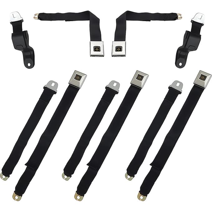 OER 1967 Camaro/Firebird, Retractable Seat Belt Set, Deluxe Interior, Gold Starburst Button, Black Belts, 5-Piece Set *R193