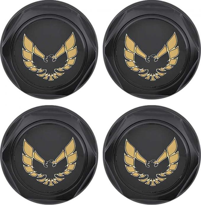 1977-81 Firebird - Wheel Center Cap Set - Flat Black w/ Early Gold Bird Logo w/o Metal Clips (4 pc)