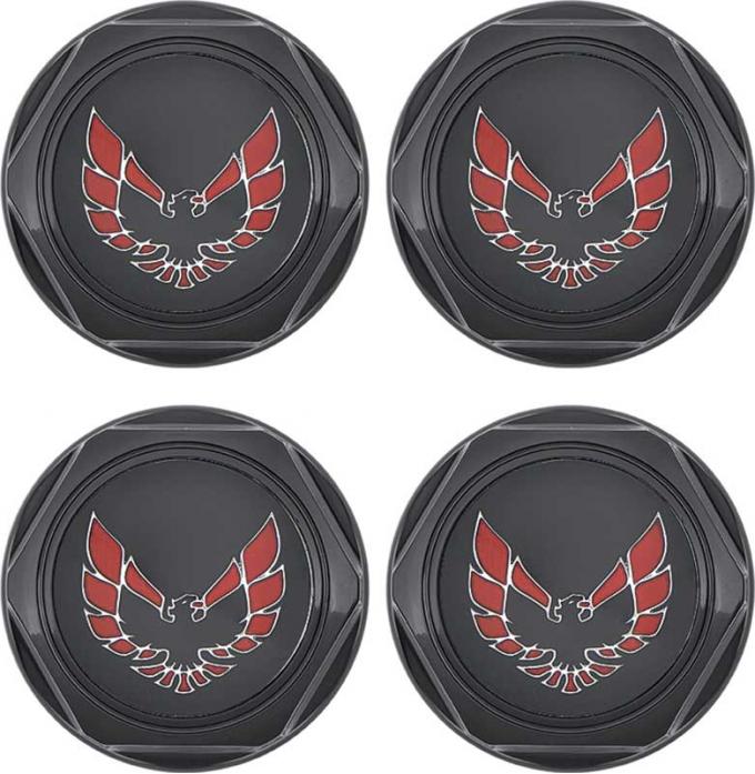 1977-81 Firebird - Wheel Center Cap Set - Gloss Black with Early Red Bird Logo w/ Metal Clips (4 pc)
