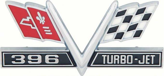 OER 1965-67 Impala, Camaro, Chevelle, Malibu, "396 Turbo Jet" V Flag Front Fender Emblem, Each, GM Licensed 3867312