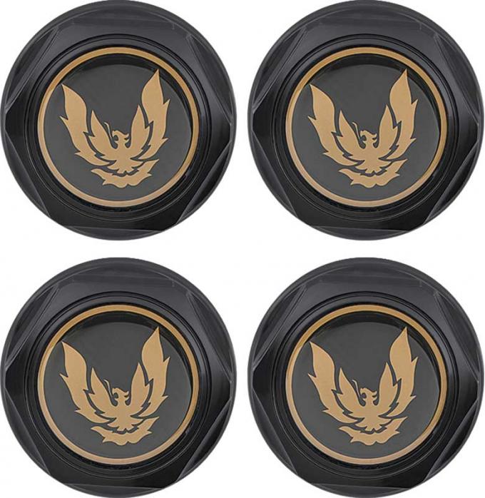 OER 1982-92 Firebird - Wheel Center Cap Set - Flat Black w/ Late Gold Bird Emblem & Metal Clips (4 pc) *881160