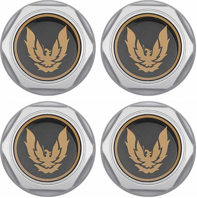 1982-92 Pontiac Firebird Trans Am, Formula, Wheel Center Cap Set, Chrome, with Gold Bird Emblem, Metal Retaining Clips, 4 Piece Set