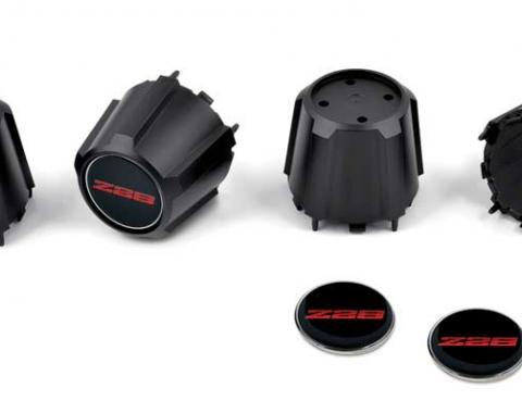OER 1982 Camaro Z28, N90, Z50 Indy Pace Car, Black Wheel Center & Emblem Set, Red Z/28 Logo, Steel Retainers, 4 Piece Set *881210