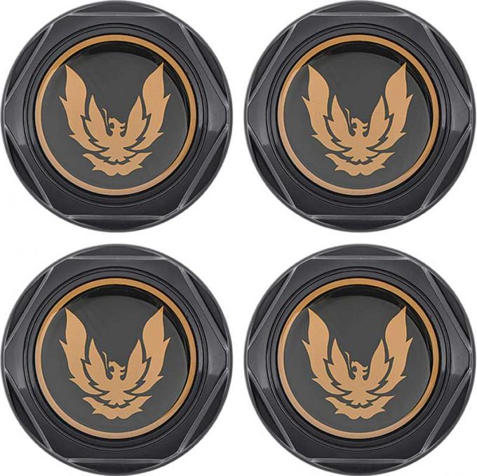 1982-92 Firebird Trans Am, WS6 Wheel Center Cap Set, Black with Gold Emblem, Metal Retaining Clips, Set of 4